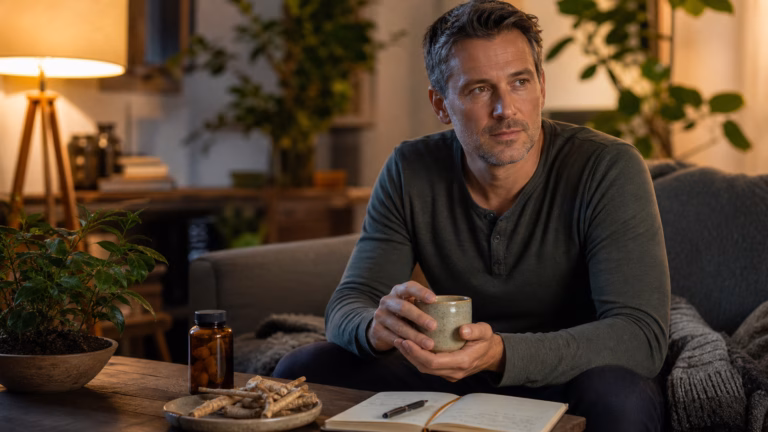 Ashwagandha for Stress, Sleep, and Testosterone: Benefits and Risks 8 Man using an ashwagandha supplement beside tea and a sleep journal in a calm evening routine
