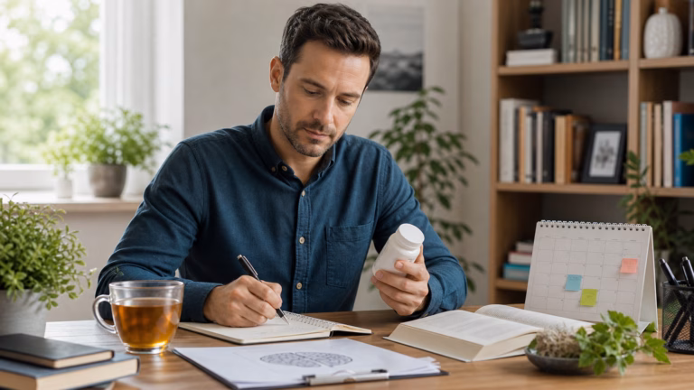 Adult reviewing memory habits at a desk with tea, notebook, calendar, and a neutral supplement bottle