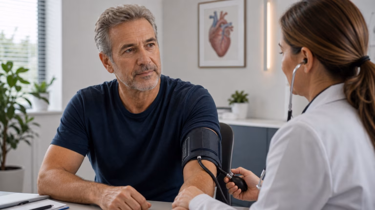 Blood Pressure and Erectile Function: The Circulation Connection Man having his blood pressure measured during a doctor visit about circulation and erectile function