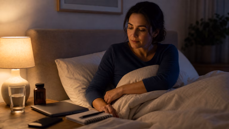Adult winding down at night with a phone face down, warm lamp, sleep journal, and closed laptop