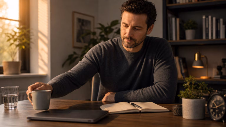 "Koffein und Schlafqualität: Timing, Stress und Hormongesundheit". Could also be "Zeitpunkt, Stress und Hormonelle Gesundheit". But "Timing" can remain as "Timing". It's fine. Man reviewing coffee timing, water intake, and a sleep journal while managing caffeine use