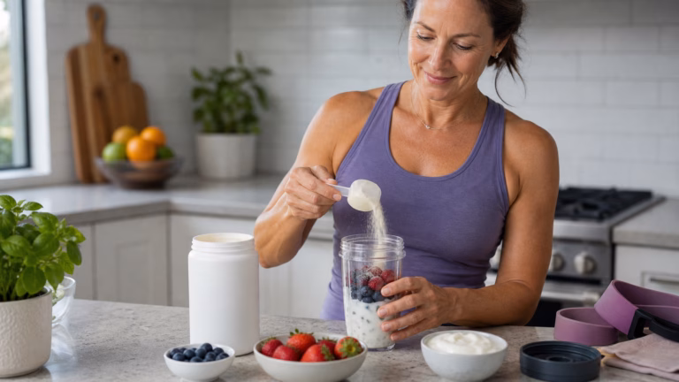Collagen Peptides After 40: Skin, Joints, and Protein Quality 2 Erwachsener über 40, der einen proteinreichen Smoothie mit Beeren, Joghurt und einem markenlosen Kollagenbehälter zubereitet