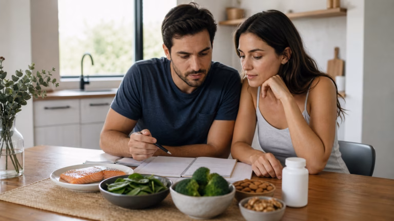 CoQ10 für die männliche Fruchtbarkeit: Spermienmotilität, Energie und Sicherheit Ein Paar überprüft einen Fruchtbarkeits-Wellnessplan mit Fisch, Spinat, Brokkoli, Nüssen und einem neutralen CoQ10-Präparat.