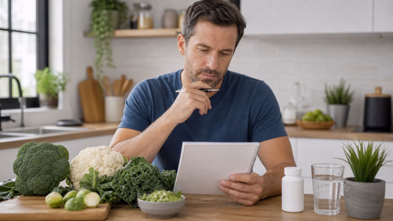Man reviewing cruciferous vegetables and a neutral supplement bottle for hormone health