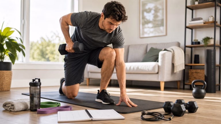 Adult doing a practical home workout with resistance bands, dumbbells, water, and a workout plan