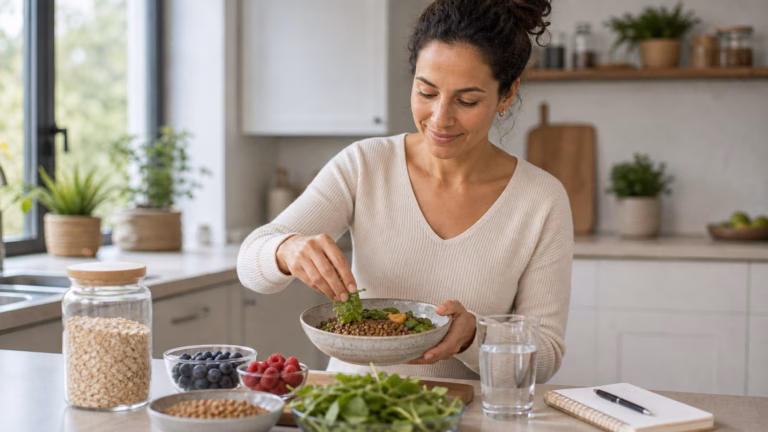 Fiber and Appetite Control: A Practical Weight Loss Guide 5 Woman preparing a high-fiber meal with lentils, oats, berries, greens, and water