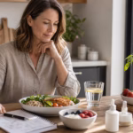Adult over 40 comparing a balanced low-sugar meal with fruit, yogurt, protein, water, and collagen notes