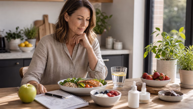 Adult over 40 comparing a balanced low-sugar meal with fruit, yogurt, protein, water, and collagen notes