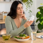 Frau, die aufgebrühten grünen Tee, ausgewogene Nahrung, Wasser und eine neutrale Nahrungsergänzungsflasche zur Sicherheit der Gewichtsabnahme vergleicht