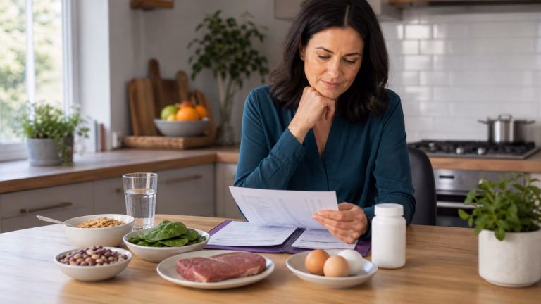 Woman reviewing iron-rich foods, a lab report folder, water, and a neutral supplement bottle