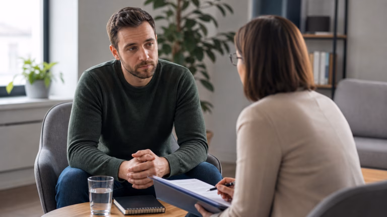 Adult in a calm clinician consultation with a health journal and medication discussion folder