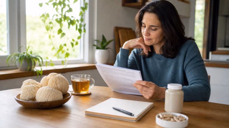 Lion's Mane Mushroom: Brain Health Claims, Safety, and Expectations 7 Erwachsener begutachtet Löwenmähnenpilze, Tee und eine neutrale Nahrungsergänzungsmittelflasche, während er sich über Gehirngesundheit informiert.