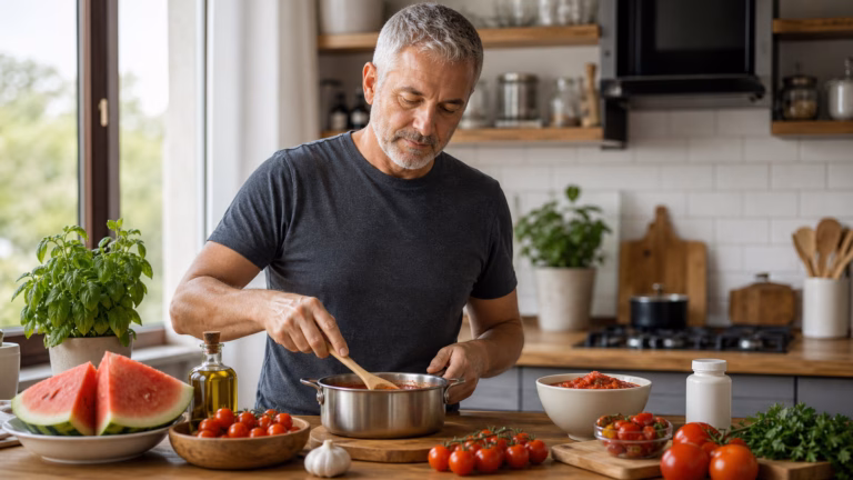 Older man preparing tomato-rich foods for a food-first prostate health routine