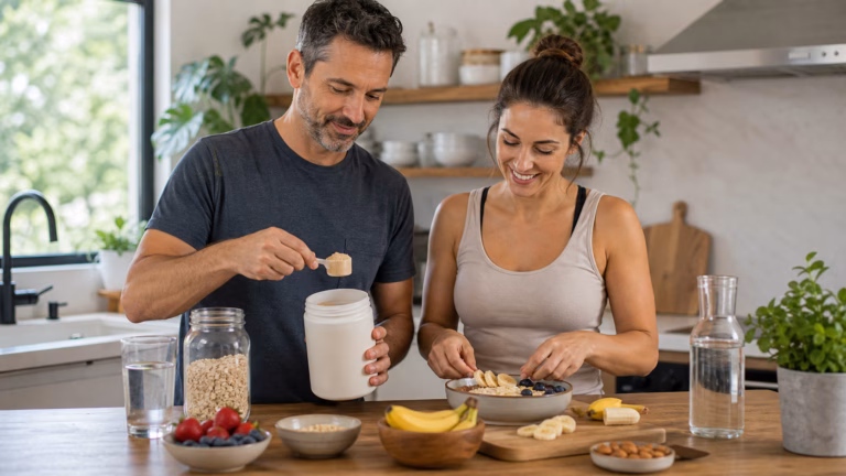 Adults preparing a balanced breakfast with maca powder, fruit, oats, and water in a bright kitchen
