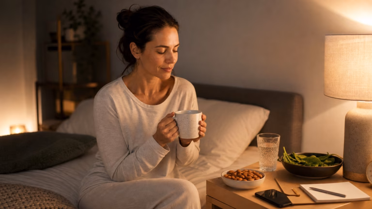 Magnesium for Sleep and Stress: Benefits, Types, and Safety 11 Woman holding a warm drink beside magnesium-rich foods during a calm bedtime routine