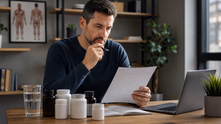 Man reviewing a respectful men's health comparison checklist with water and unbranded supplement bottles