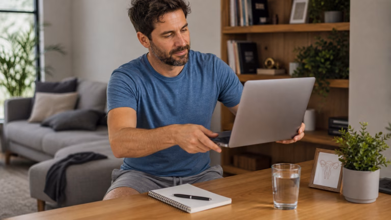 Man moving a laptop from his lap to a desk while reviewing fertility wellness habits
