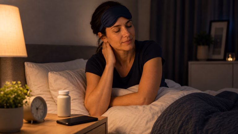 Melatonin for Sleep: When It Helps and When to Avoid It 6 Woman preparing for sleep with a sleep mask, water, and a neutral melatonin supplement bottle