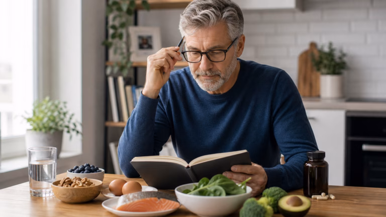 Adult over 50 reviewing memory habits with a notebook, water, eggs, fish, berries, and a neutral supplement bottle