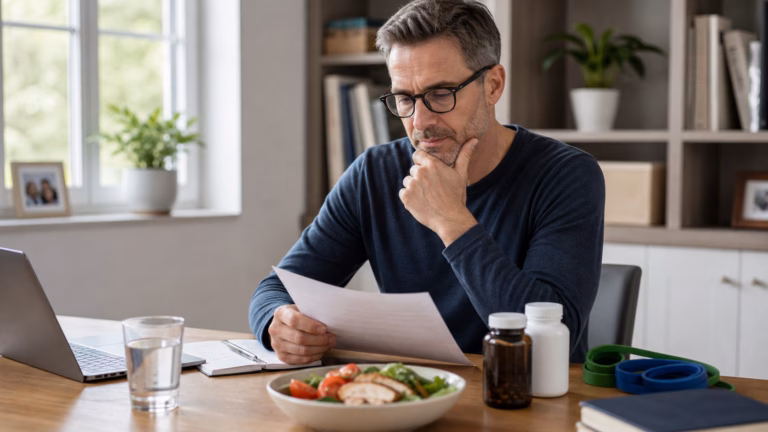 NAD+ Boosters: NR, NMN, Longevity Claims, and Safety 1 Adult over 40 reviewing healthy aging habits with water, exercise bands, a balanced meal, and neutral supplement bottles