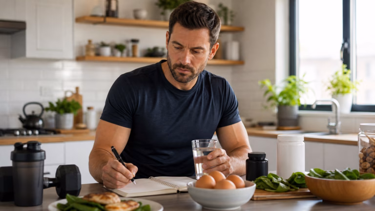 Man in a bright kitchen after a workout with eggs, leafy greens, dumbbells, water, and a sleep journal