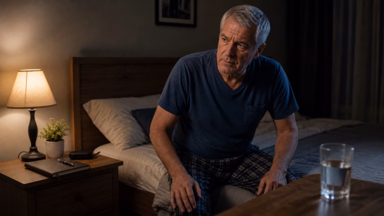 Older man sitting on the edge of a bed at night with a health journal and water nearby