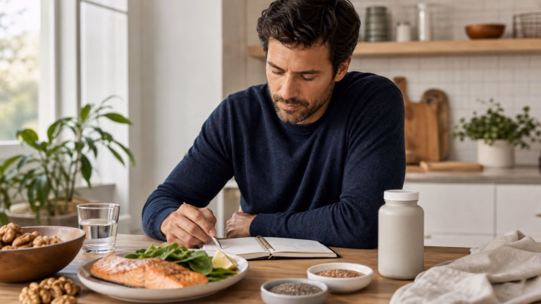 Omega-3 for Men: Sperm Health, Heart Health, and Supplement Safety 9 Man planning an omega-3 rich meal with salmon, walnuts, chia seeds, and a supplement bottle