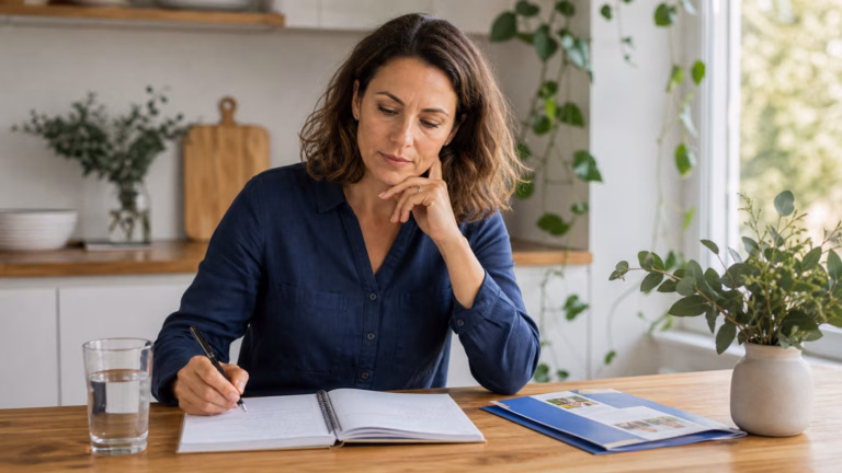 Woman in her 40s reviewing a symptom journal and water at a kitchen table