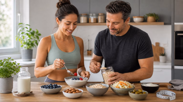 Probiotics for Gut Health and Weight Management: What to Know 7 Adults preparing yogurt, berries, oats, and fermented vegetables for gut health and weight management