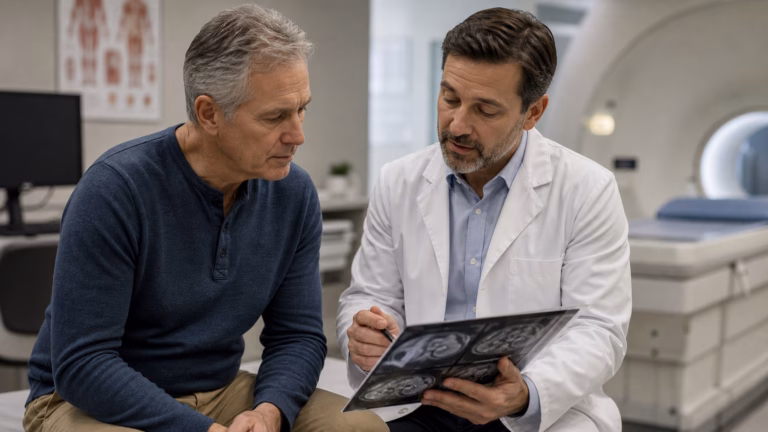 Older man reviewing a generic imaging folder with a doctor after a high PSA result