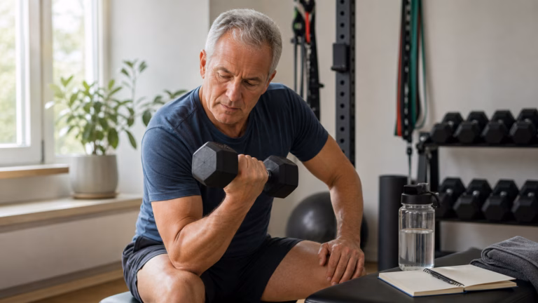 Resistance Training After 50: Hormones, Muscle, and Recovery 1 Adult over 50 doing controlled resistance training with dumbbells and a recovery notebook nearby