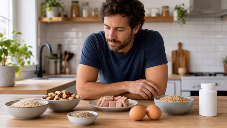 Mann, der selenreiche Lebensmittel wie Paranüsse, Eier, Thunfisch und Vollkornprodukte überprüft