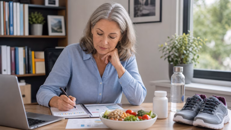 Senolytics and Anti-Aging: What the Science Actually Means 2 Adult over 50 reviewing healthy aging research notes with water, walking shoes, and a neutral supplement bottle