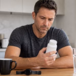 Erwachsener, der Kaffee, Wasser, eine neutrale Nahrungsergänzungsflasche und eine Blutdruckmanschette zur Sicherheit von Stimulanzien überprüft