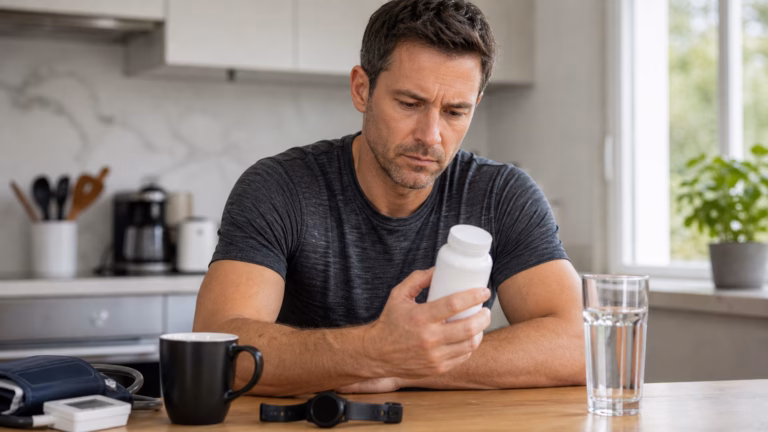 Thermogenic Supplements: Caffeine, Yohimbine, and Safety Red Flags 1 Erwachsener, der Kaffee, Wasser, eine neutrale Nahrungsergänzungsflasche und eine Blutdruckmanschette zur Sicherheit von Stimulanzien überprüft