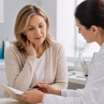 Middle-aged woman discussing menopause-related symptoms with a clinician in a respectful consultation