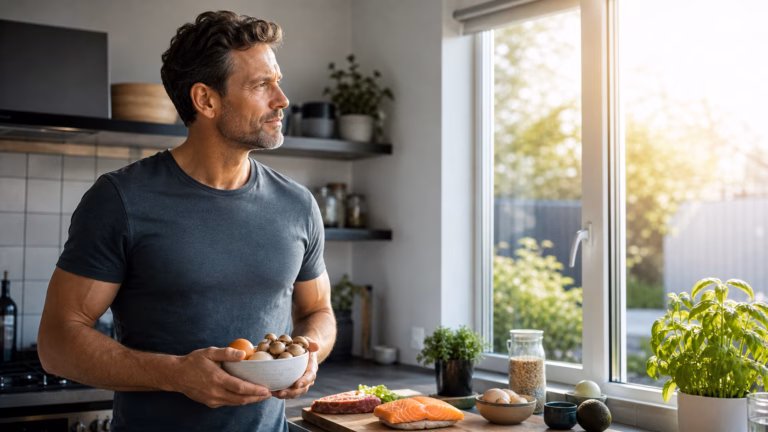 Vitamin D and Testosterone: What Men Should Know 3 Man reviewing vitamin D foods and sunlight habits for testosterone support