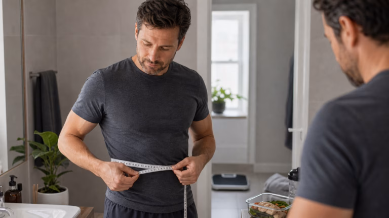 "Taillenumfang und Testosteron: Warum Bauchfett wichtig ist". Good. Man measuring waist circumference at home as part of metabolic and testosterone health tracking