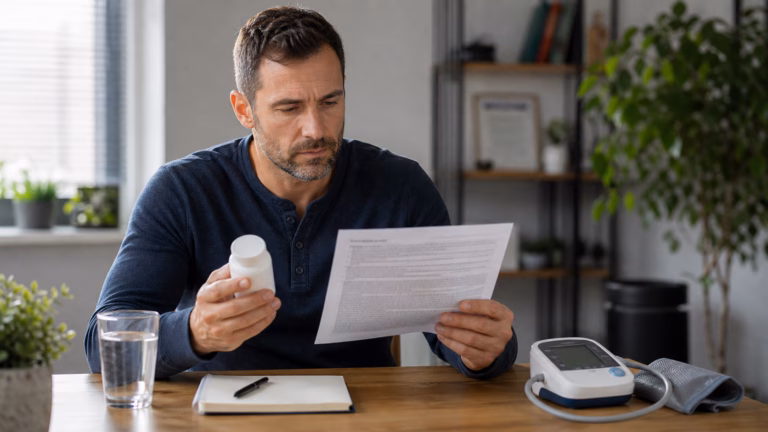 Yohimbine for Men: Fat Loss, ED Claims, and Safety Concerns 2 Man reviewing yohimbine supplement safety with water and a blood pressure monitor nearby
